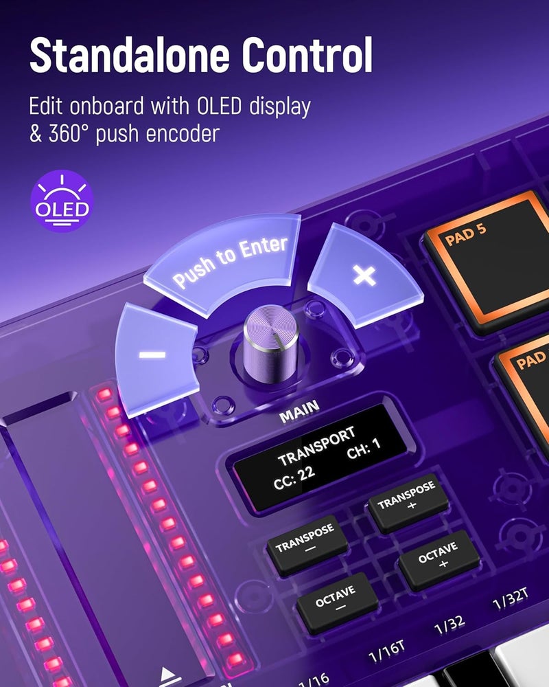 Synido 25 Key USB MIDI Keyboard Controller with Drum Pads, Professional Mini Midi Keyboard with OLED Screen, Beat Maker Machine for Music Production, Purple, TempoKEY K25 - Image 3